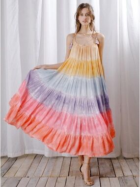 🌈 NWT Storia Rainbow Tie-Dye Color Block Maxi Dress (Size M)